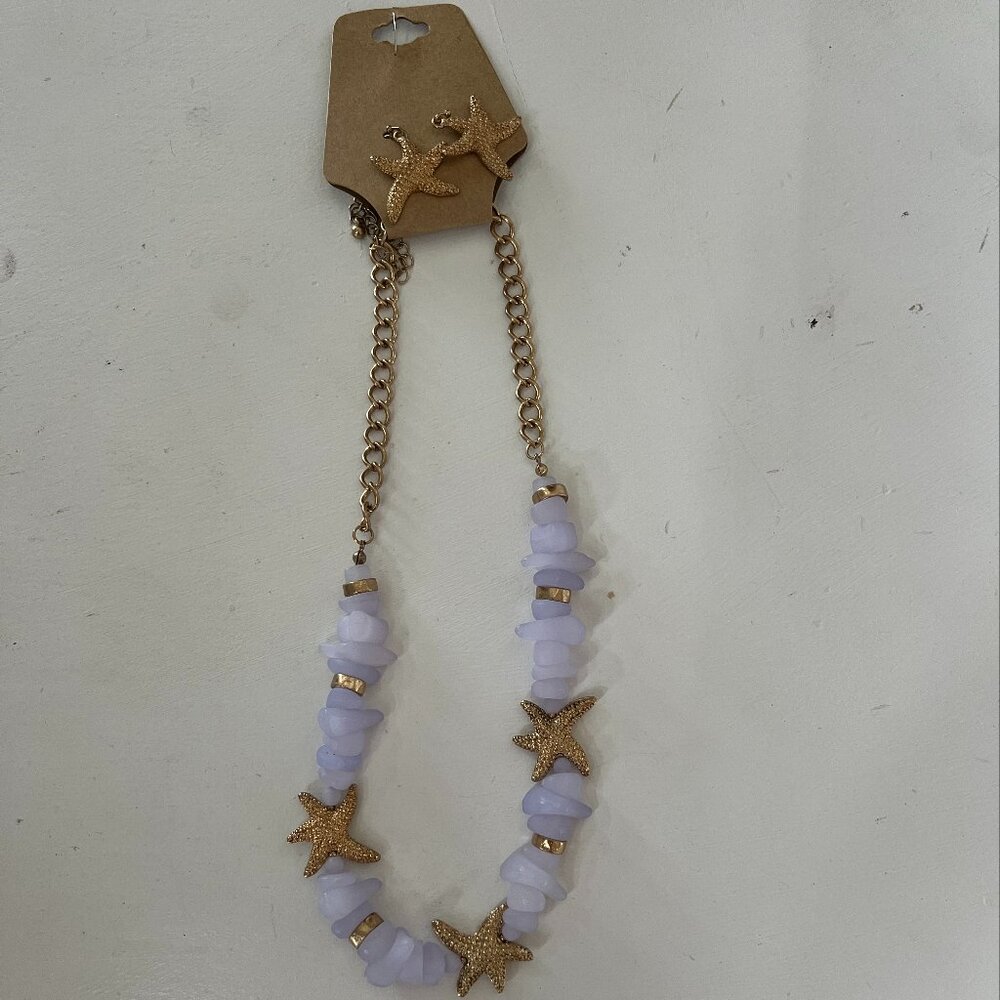 Purple Seaglass Necklace w/Gold Starfish accents & Earrings